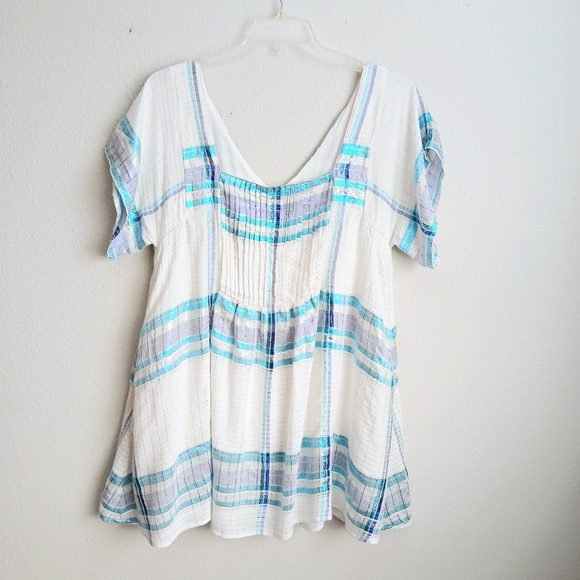Free People Dress Women's Size Medium Blue Plaid Metallic Barcelona Boho Hippie - Picture 11 of 11